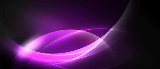 Abstract design features vibrant pink curves against dark background. Smooth lines create dynamic, flowing composition. Modern aesthetic.