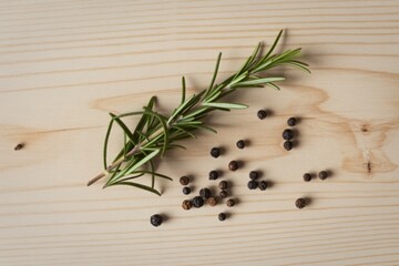 minimalist photograph of rosemary sprigs and black peppercorns