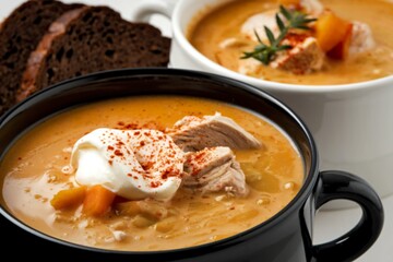 two bowls of creamy orange-colored soup