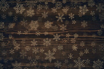 rustic wooden background with a myriad of snowflakes