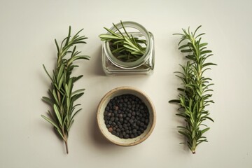 rosemary and peppercorns isolated on a white background.