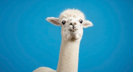 Obraz premium Alpaca Portrait: An adorable alpaca with fluffy white fur strikes a pose against a vibrant blue backdrop, capturing its charming personality