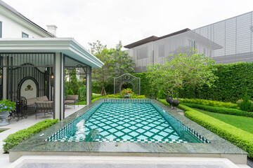 Backyard home patio and swimming pool for leisure lifestyle,