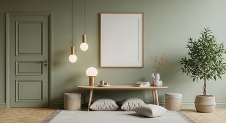 Fototapeta premium Modern living room interior with green walls, wooden console table, decor, lamps, potted plant and blank frame mockup for artwork display
