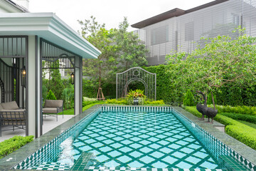 Backyard home patio and swimming pool for leisure lifestyle,
