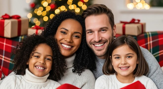 Happy multi-ethnic family with two young daughters celebrating Christmas holidays at home, smiling cheerfully with gifts and a decorated tree in the background.