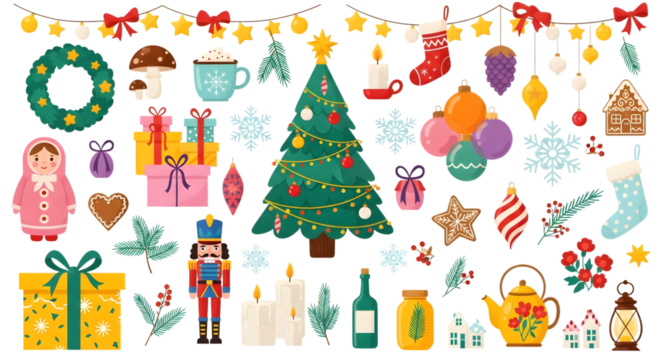 Collection of christmas and winter holiday elements including a tree, ornaments, gifts, and decorations isolated on transparent background - Powered by Adobe