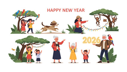 New Year's Adventure: A vibrant cartoon illustration for new year's with different group of people. showing  a festive spirit filled with animals and celebration. 