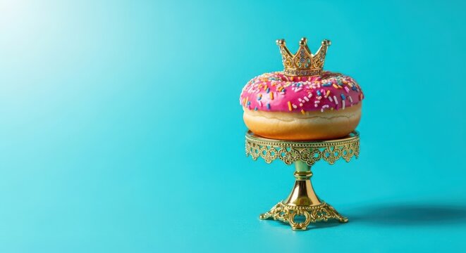 Delicious donut with pink frosting and sprinkles on a golden stand, topped with a crown, against a vibrant turquoise backdrop, a sweet treat - Powered by Adobe