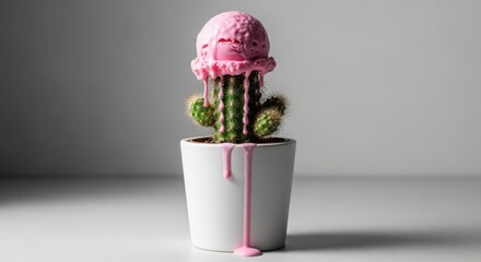 A cactus topped with melting pink ice cream, creating a surreal and humorous juxtaposition of desert flora and sweet treat