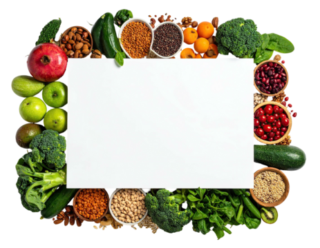 Healthy produce borders a blank white rectangle