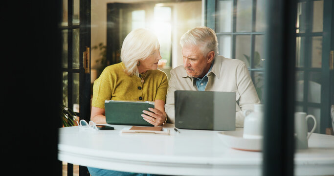 Laptop, planning and tablet with old couple in home for retirement fund, mortgage payment and budget. Online banking, savings account and pension review with senior man and woman in house for audit
