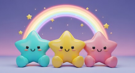 Group of three cute cartoon star characters in pastel colors sitting under a glowing rainbow. Sweet dreams and positive childhood fantasy. Adorable space objects