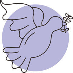 Dove Bird Carrying Olive Branch Silhouette in Flight Against Soft Purple Circle Transparent Background symbolizes Peace Hope and Freedom Simple Line Art Drawing