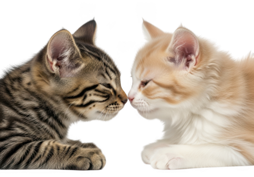 Two cute kittens nose to nose, affectionate cats, tabby and ginger, adorable pets, felines, animals, domesticated, loving, playful, isolated on transparent background