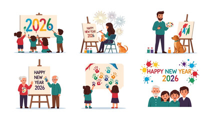 Fototapeta premium New Year's Artistry: A vibrant collection of illustrations capturing the spirit of celebration and artistic expression.