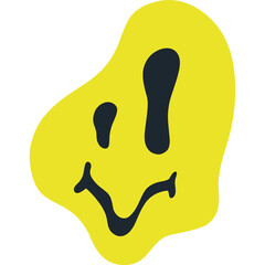 Distorted Yellow Smiley Face Icon With Dark Eyes and Mouth On White Background Abstract Graphic Design Element