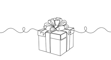 A simple line drawing of a gift box with a bow and decorative swirls, isolated on transparent background