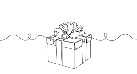 A simple line drawing of a gift box with a bow and decorative swirls, isolated on transparent background