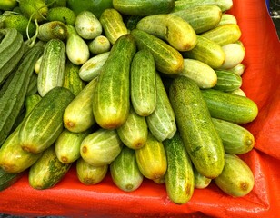 Fresh cucumbers on the market stall, cucumber