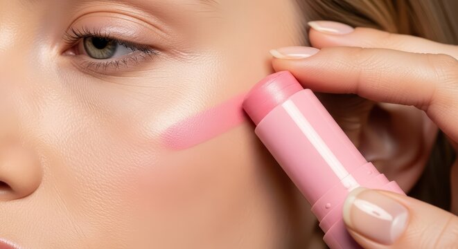 Close-up of female applying pink blush stick on cheek for cosmetic application