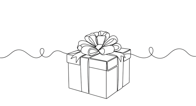 A simple line drawing of a gift box with a bow and decorative swirls, isolated on transparent background