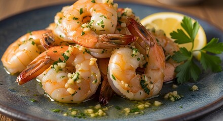 Delicious garlic butter shrimp with fresh parsley and a lemon wedge, perfect as an appetizer or main course