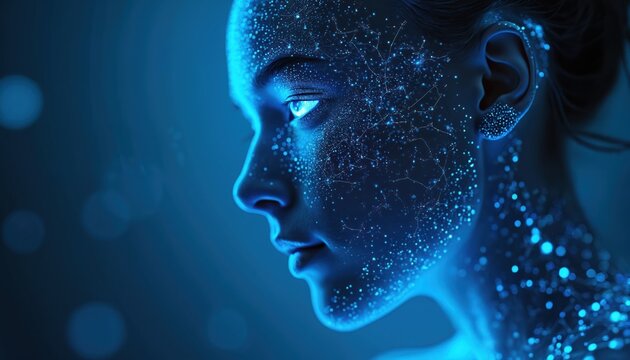 Profile face with glowing blue digital network overlay. Futuristic tech connects to human form in abstract cyber space. Artificial intelligence concept art.