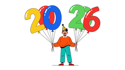 Celebrating 2026: Cheerful person holds vibrant balloons spelling out the year 2026, creating a sense of anticipation and optimism for the future.