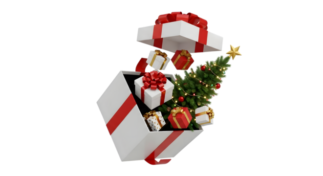 A christmas tree and gifts bursting out of an open gift box, isolated on transparent background