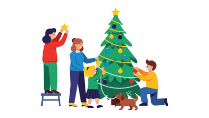 Christmas Tree Adornment: Family decorates a vibrant, festive Christmas tree, brimming with colorful ornaments, while sharing moments of togetherness and festive cheer.