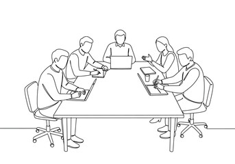 Continuous Line Art Drawing of Business People Team Meeting and Collaboration with Laptops
