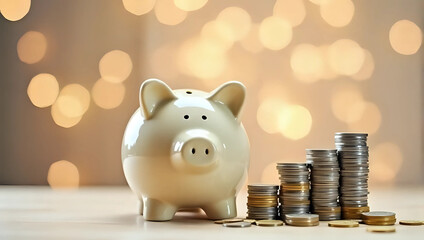 A piggy bank, stacked of gold and silver coins, festive lights - holiday savings, budget, investment, business growth, future financial planning, Christmas celebration 
