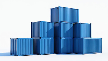 Blue shipping containers stacked in a pyramid formation on a white background. These metal boxes facilitate global trade and logistics, moving goods worldwide.