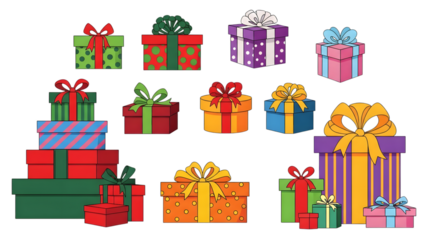 Assortment of colorful christmas gift boxes with bows, stacked and arranged, isolated on transparent background