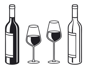 Minimalist Wine Bottles and Glasses Icons Set Vector Illustration