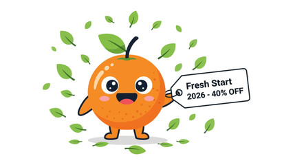 A Cheerful Citrus Start: A whimsical and animated orange character, radiating joy and holding a tag signaling a fresh beginning. This vibrant and playful illustration symbolizes new opportunities.