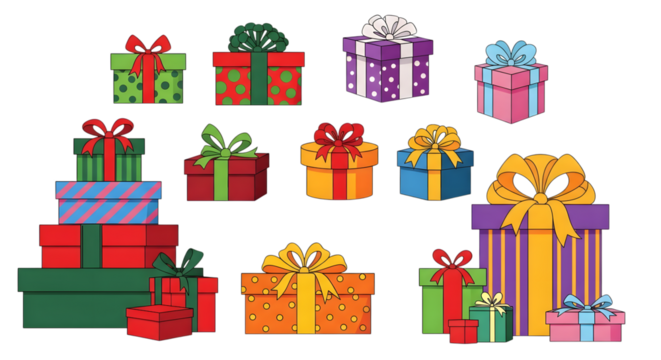 Assortment of colorful christmas gift boxes with bows, stacked and arranged, isolated on transparent background