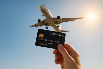 Flight Credit Card: A person's hand presents a credit card towards a clear sky with a large airplane. Exploring the idea of paying in flight to a beautiful destination. 