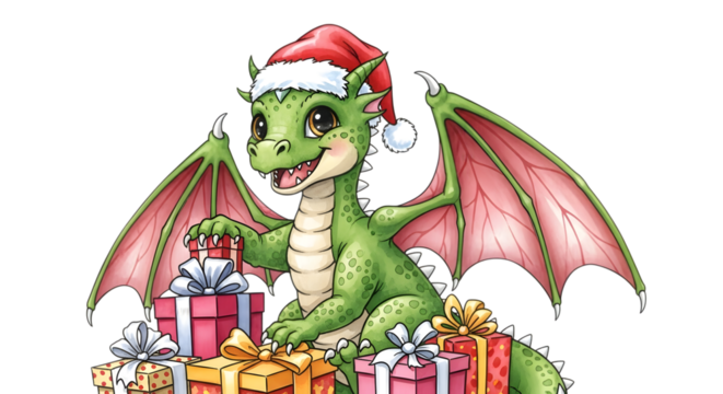 Cute green dragon wearing a santa hat, sitting among christmas presents, isolated on transparent background - Powered by Adobe