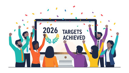 Target Achievement Celebration: A team celebrates target achievement, the scene of team member arms in the air and a computer screen in the center.