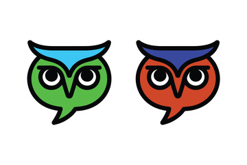 Two stylized owl speech bubbles with different color schemes represent communication and conversation icons.