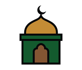 A simplified illustration of a mosque with a dome and crescent moon symbol atop, representing Islamic architecture and religious devotion.