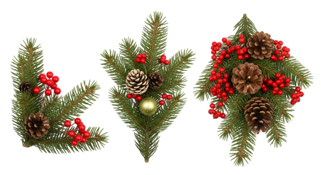 Christmas fir branches with pine cone and red berry decoration isolated on transparent background