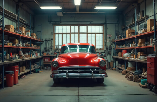 Shiny red vintage car parked inside workshop garage with shelves full of parts and tools. Vehicle interior and exterior visible through window light. Old automotive stored.
