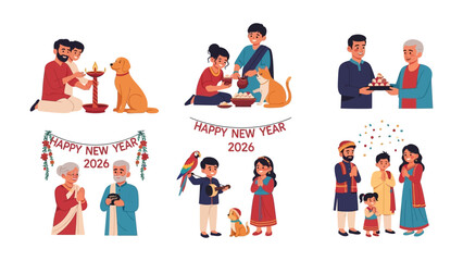 Celebrating New Year Moments: A vibrant collection of illustrations capturing the joy and traditions of a family celebrating the New Year, full of warmth and unity.