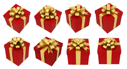 Eight red gift boxes with gold ribbon bows, arranged in two rows, isolated on transparent background