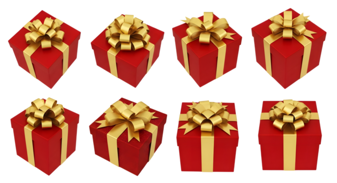 Eight red gift boxes with gold ribbon bows, arranged in two rows, isolated on transparent background