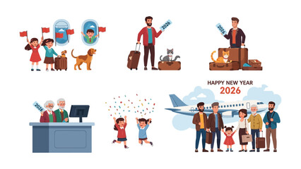 Fototapeta premium Embarking on Adventures: A collage of illustrations showcasing different scenes of people preparing to travel, from children waving flags to families boarding planes.