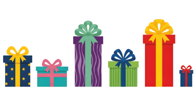 A collection of colorful gift boxes with ribbons and bows, isolated on transparent background